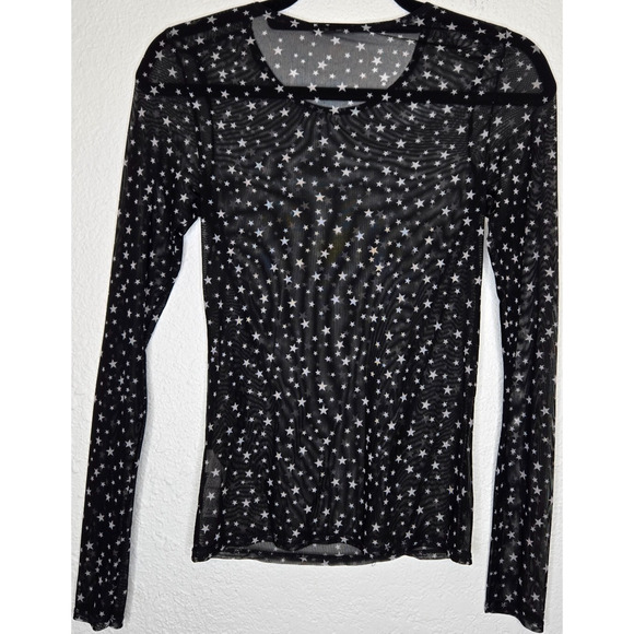 ZARA Womens Star Print Sheer Mesh Top Small Black White Long Sleeve Lightweight - Picture 4 of 8